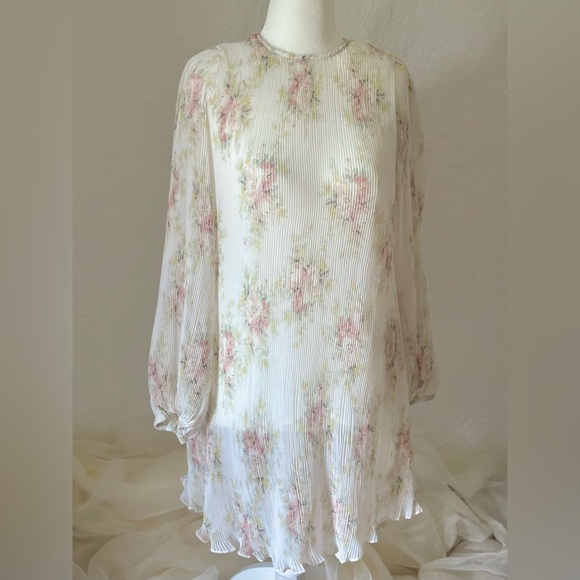 GANNI Mini Fluted Floral Dress in Ivory XS / 32 - Picture 2 of 13